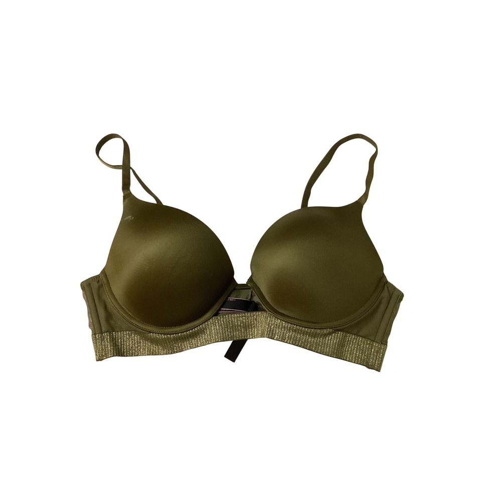 Victorias Secret Very Sexy Push Up Bra Olive Green Gold Metallic Band 36B‎
